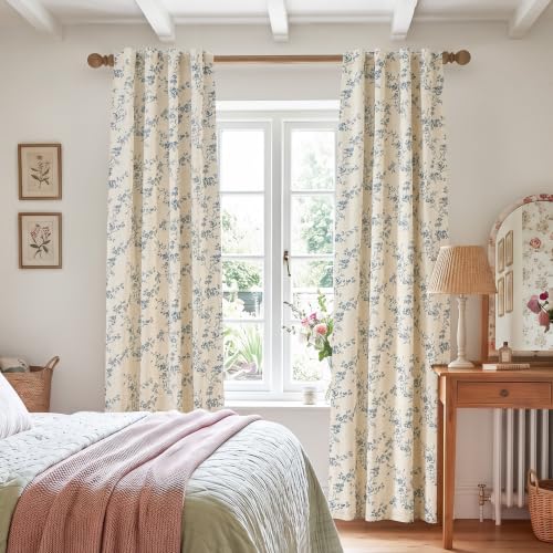 Linen Blackout Curtains Blue Floral 84 Inch Back Tab 2 Panels - view 5