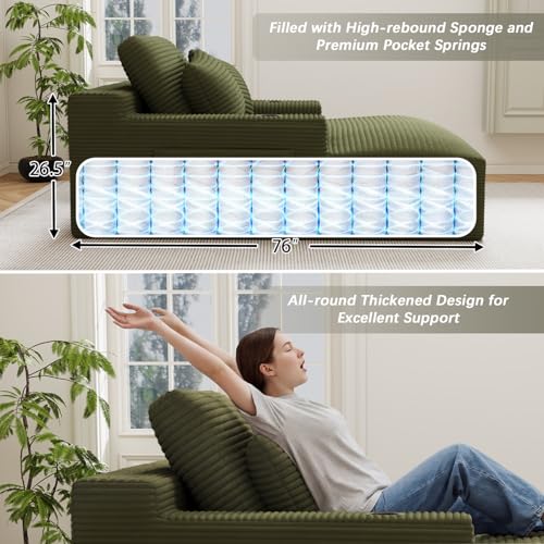 50" x 76" Corduroy Chaise Lounge Sofa Bed with Cup Holders, Green - view 6