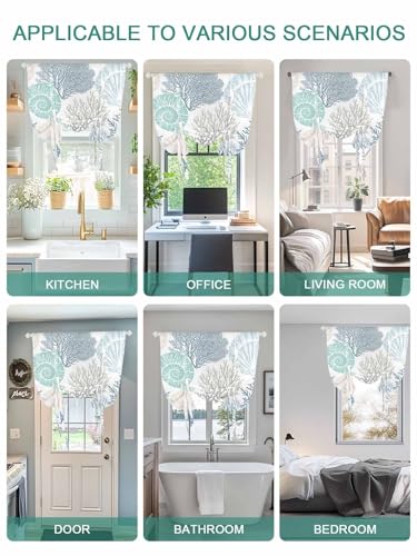Tie Up Curtain for Windows, Blue Ocean Shells Coral Balloon Rod Pocket Curtains Adjustable Tie-up Shade Valance for Kitchen, Conch Starfish Marine Life Window Treatment 1 Panel 36x45in - view 5