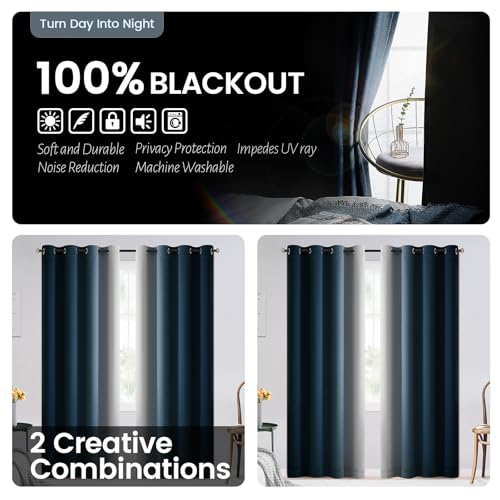 Ombre Navy Blue 100% Blackout Bedroom Curtains White Liner 63L - view 6