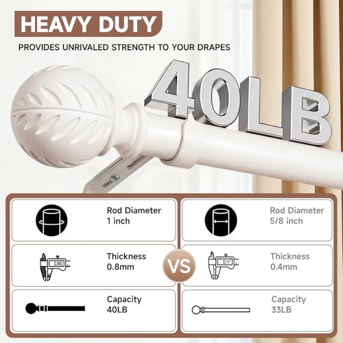 White Boho Wood Curtain Rods for Windows 48 to 84 Inch - 1 inch Diameter Heavy Duty Curtain Rods with Imitation Wood Grain Leaf Pattern Finials,Adjustable Decorative Curtain Rods Set,28-88'' - view 6