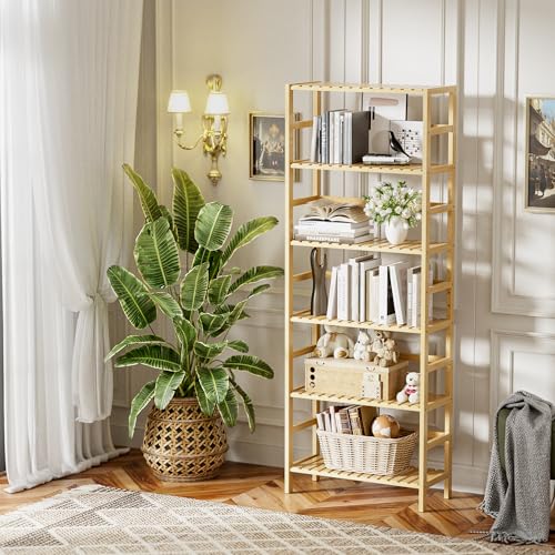 Bamboo Shelf, 6-Tier Adjustable Tall Open Bookcase, Bathroom Storage Rack Freestanding Shelving Unit, Plant Display Stand for Small Space, Natural - view 2