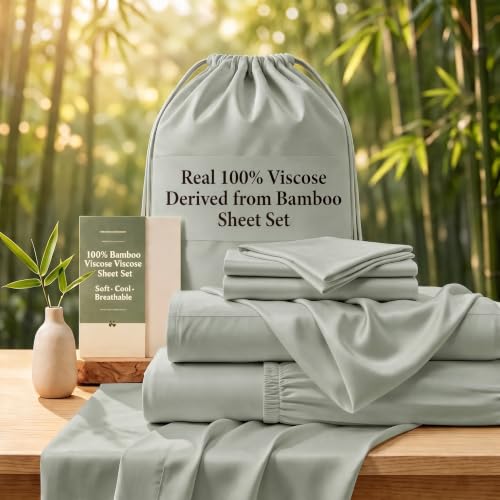 Real 100% Viscose Derived from Bamboo Sheets Set King Size, Cooling & Silky Soft for Hot Sleeper, Breathable & Moisture Wicking Fabric, 18" Deep Pocket with Corner Straps (Sea Glass, King XL)