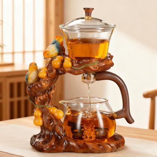 Lazy Kungfu Glass Tea Set Heat Resistant Semi Automatic Drip Rotating with Infuser Magnetic Teapot Set for Gongfu Tea Making Ideal (Gourd Bird) - view 2