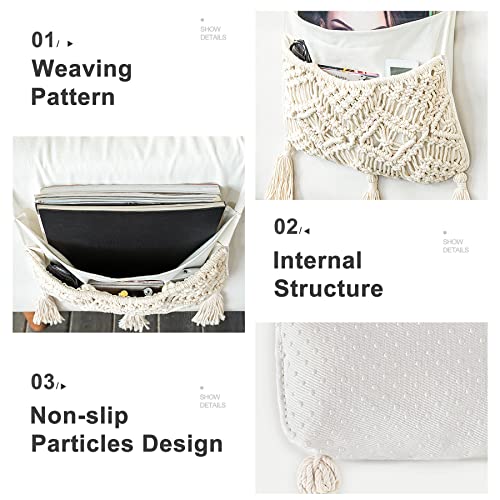 Macrame Armchair Caddy, Boho Couch Armrest Organizer, 4 Pockets Beige - view 4