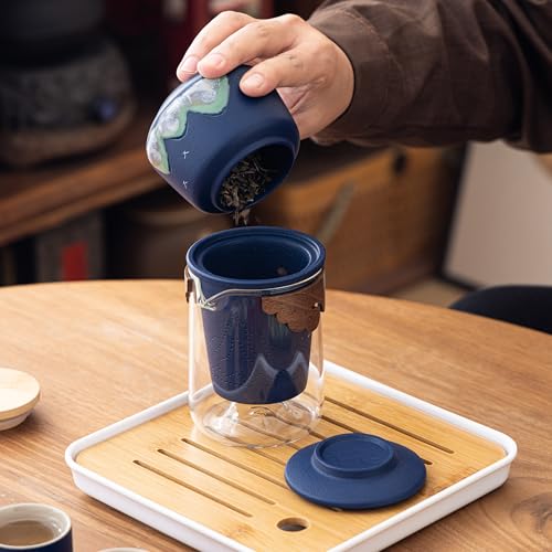 Portable Gongfu Tea Set with Travel Case, Ceramic Tea Set with Glass Teapot Infuser, Bamboo Tea Tray and 4 Ceramic Teacups, All-in-One Travel Tea Kit for Home Office Outdoor Picnic Camping - view 6