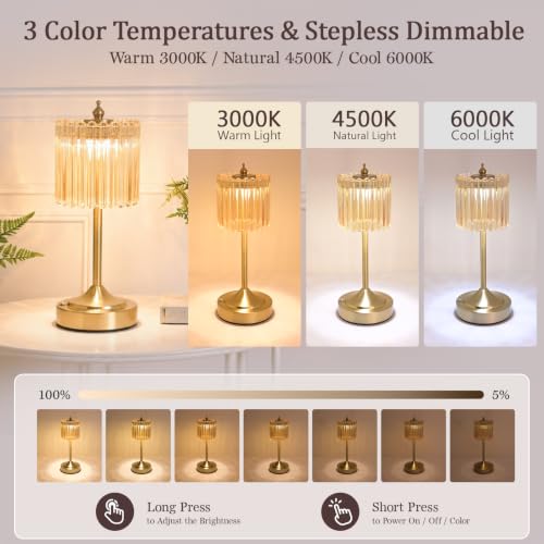 Cordless Table Lamp, Rechargeable Gold Glass Touch Lamp - view 3