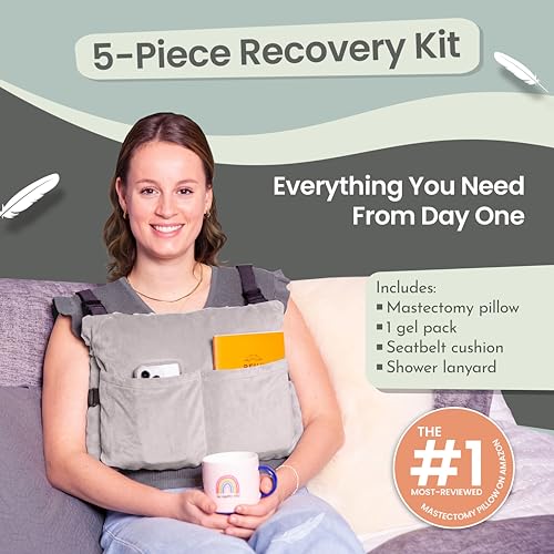 Post Mastectomy Pillow – 4pc Protective Set with Gel Pack, Seatbelt Cushion, & Shower Lanyard– After Double Mastectomy Pillow Post Surgery Recovery Must Haves, Lumpectomy Recovery Supplies Kit - view 2