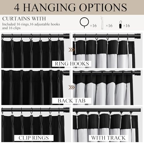 90 Inch Black Pinch Pleated Linen 100% Blackout Curtains for Bedroom Living Room Pleat Black Out Thermal Insulated Ring Hooks Back Tab Room Darkening Double Layer Drapes Curtain with Liner - view 7