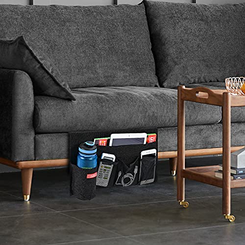 Linen 5 Pockets Bedside Caddy, Bedside Storage Organizer with Water Bottle Holder for Magazine, Remotes, Phone (Black) - view 7