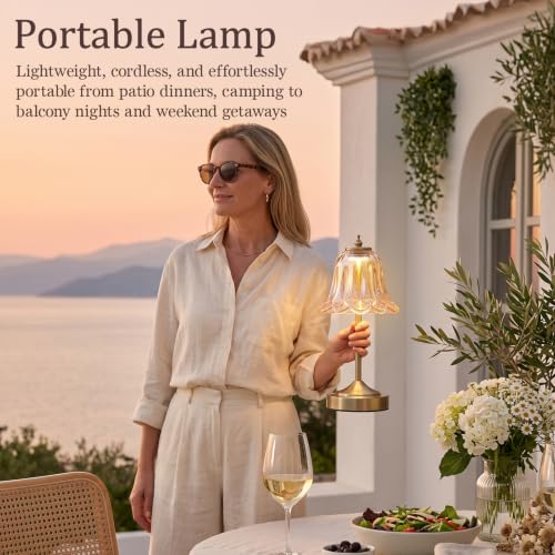 Cordless Table Lamp, Rechargeable Amber Glass Tulip Flower Touch Lamp - view 6