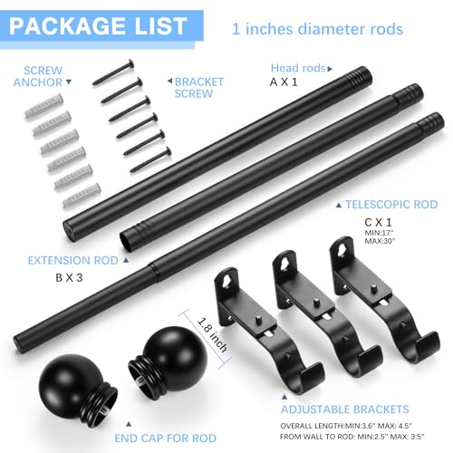 Curtain Rods for Windows 16-76", 1 Inch Black Curtain Rod, 1 Pack - view 3