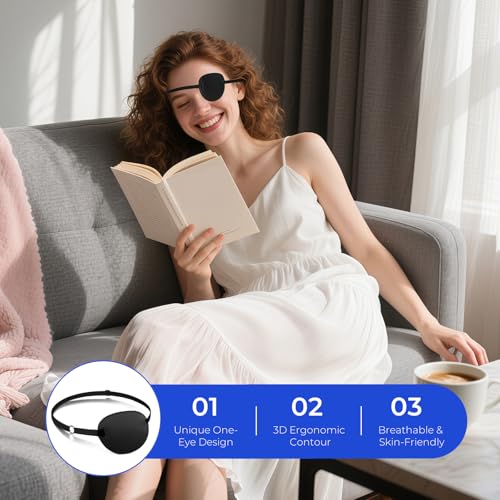 Eye Patches for Women & Men, 3D Adjustable Eye Patch, Strabismus Lazy Eyepatch for Left or Right Eye, 2Pcs, Black+Black - view 2