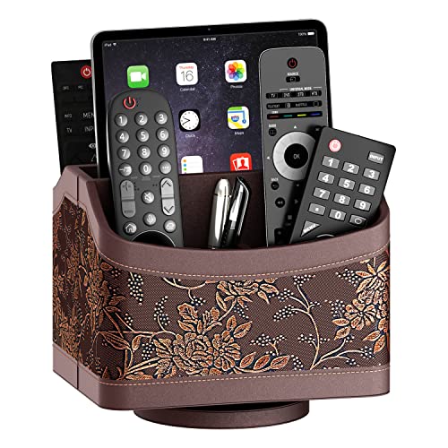 Remote Control Holder for Table, Leather Turntable/Organizer/Caddy for Holding TV Controllers, Phone, and Office Supplies, Perfect Space Saver for End Table/Nightstand/Office Desk(Retro)