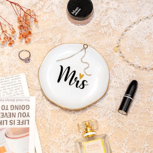 Engagement Wedding Mrs Ring Dish, Ceramic 4 × 4 inch Jewelry Dish for Rings Earrings, Nightstand Beside Bathroom Trinkets Organizer Decor, Bachelorette Bridal Shower Gifts - view 2
