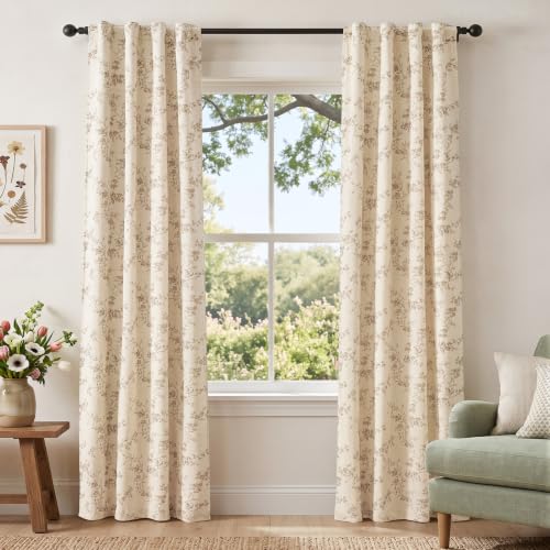 Linen Blackout Curtains Taupe Floral 84 Inch Back Tab 2 Panels - view 2