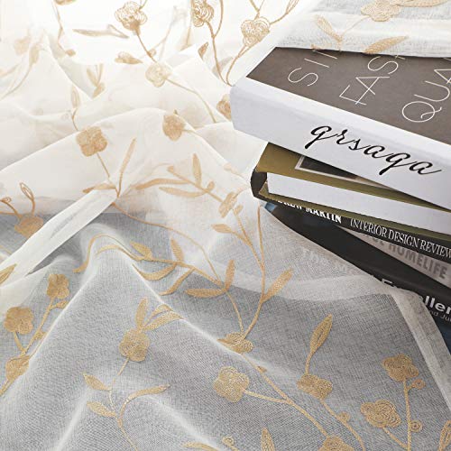 Sheer Curtains with Desin White-Beige Floral Embroidery 84 Inch Long Rod Pocket Lace Drapes for Living room, Bedroom, 2 Panels, 52"x84", Semi Voile Outdoor Window Treatment Sets for Yard, Patio. - view 5
