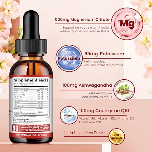 Potassium Magnesium Citrate Supplement, Liquid Magnesium Citrate Drops 500mg with Ashwagandha, Calcium, Zinc, Vitamin D3, B6, B12, CoQ10 - Support Calm & Bone & Muscle & Immune Health Vegan 2 fl oz - view 2