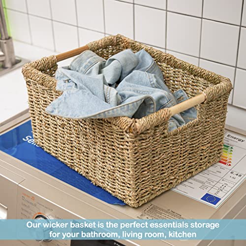 Large Wicker Basket Rectangular with Wooden Handles for Shelves, Seagrass Basket Storage, Natural Baskets for Organizing, Wicker Baskets for Storage - 3 Pack Large - view 5