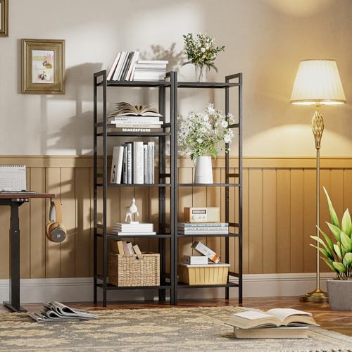 5 Tier Narrow Bookshelf, Bamboo Bookcase, Slim Tall Storage Rack Free Standing Shelving Unit with Adjustable Shelves for Living Room Bedroom Bathroom, Black - view 2