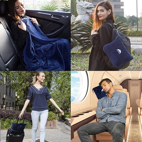 Premium Soft Travel Blanket Pillow Airplane Compact - Navy Blue - view 3