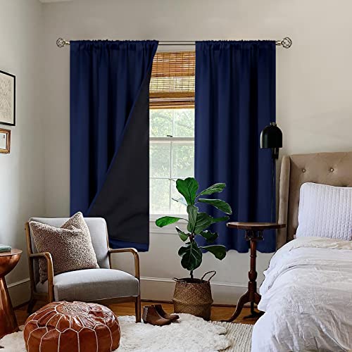 Navy Blue Black-Out 63 Inch Length Curtains for Bedroom Windows with Black Liner, Double Layer Thermal Curtains Room Darkening Curtains with Rod Pocket (52 x 63 Inch, Navy Blue, 2 Panels) - view 2