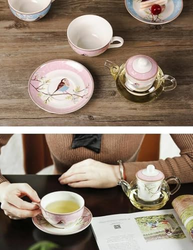 Tea for One Set, Glass Teapot with Porcelain Infuser Strainer and Cup & Saucer- Happy Bird Pattern (Pink) - view 5