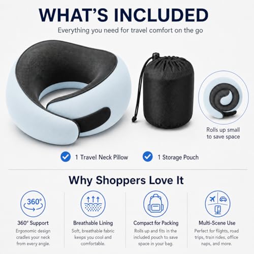 Travel Pillow, Memory Foam Neck Pillow for Airplanes, Washable Cover & Bag, Baby Blue - view 5