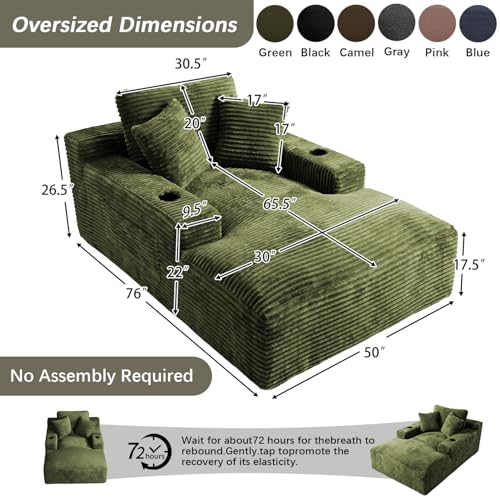 50" x 76" Corduroy Chaise Lounge Sofa Bed with Cup Holders, Green - view 2