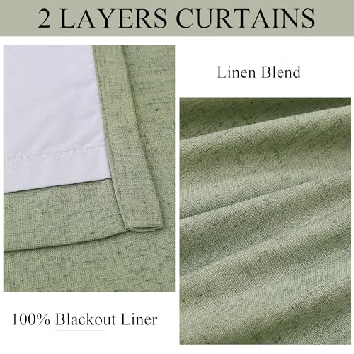 Light Sage Pinch Pleat 100% Blackout Curtains 120 Inch Length 2 Panels Set Flax Linen Room Darkening Soundproof Pinch Pleated Curtains with Hooks Rings for Bedroom Living Room Track System W40 x L120 - view 3