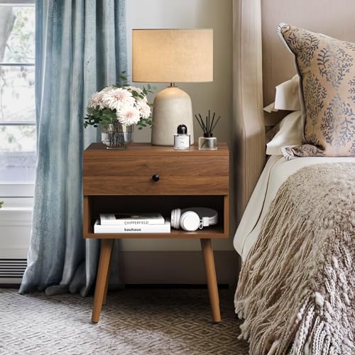 Hidden Compartment Nightstands, Mid Century Modern Concealment Furniture, Bedside Table with Wood Legs, End Table with Storage Drawer for Bedroom (1,Walnut) - view 2