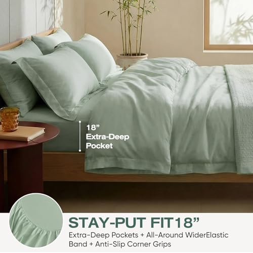 Real 100% Viscose Derived from Bamboo Sheets Set King Size, Cooling & Silky Soft for Hot Sleeper, Luxury with Breathable & Moisture Wicking Fabric, 18" Deep Pocket with Corner Straps (Sea Glass, King) - view 6