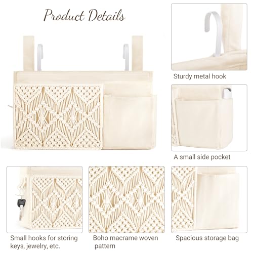 Bedside Caddy, Macrame Hanging Organizer, 4 Pockets Ivory Metal Hooks - view 6