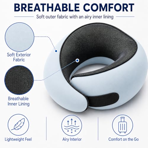 Travel Pillow, Memory Foam Neck Pillow for Airplanes, Washable Cover & Bag, Baby Blue - view 2