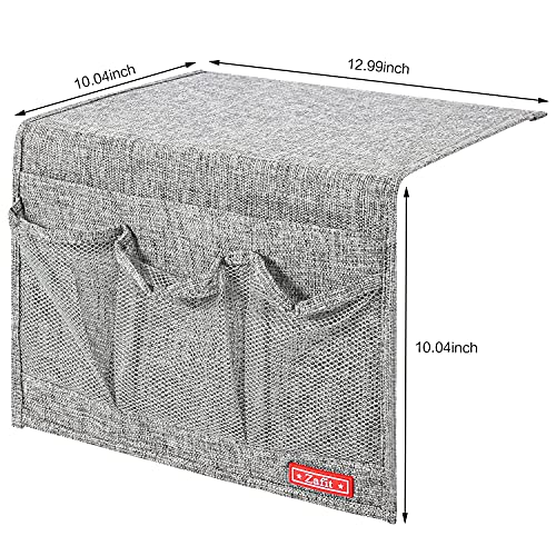 Linen 4 Pockets Bedside Caddy, Bedside Storage Organizer for Magazine, Remotes, Phone (Classic Grey) - view 3