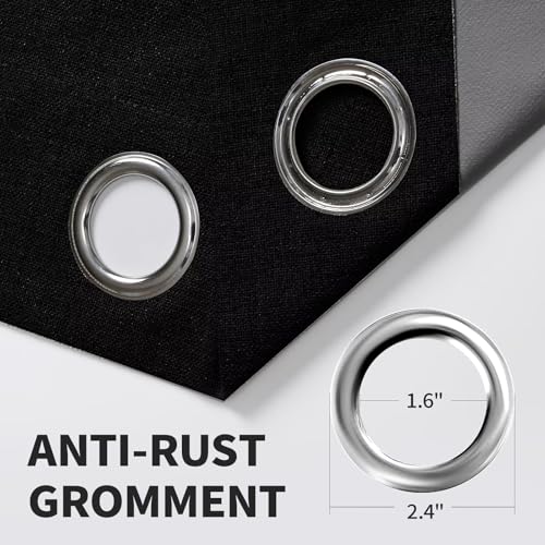 100% Blackout Window Curtains 72 inches Long 2 Panels Set, Faux Linen Look Thermal Insulated Grommet Drapes, Room Darkening Curtain for Bedroom Living Room(W52 x L72 Inch, Black) - view 5