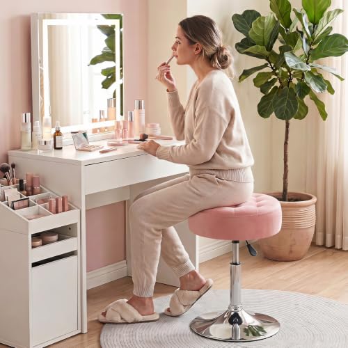 Mid-Century Velvet Tufted Makeup Ottoman Stool, 360° Swivel Adjustable Vanity Stool Modern Big Size Vanity Chair Stools for Living Room Bedroom Bathroom, Pink - view 3