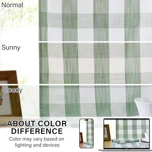 Short 63 Inch Sage Green White Buffalo Plaid Semi Sheer Curtains - view 5