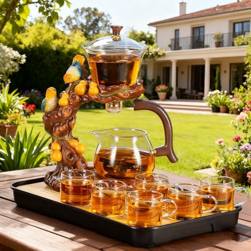 Lazy Kungfu Glass Tea Set Heat Resistant Semi Automatic Drip Rotating with Infuser Magnetic Teapot Set for Gongfu Tea Making Ideal (Gourd Bird) - view 7