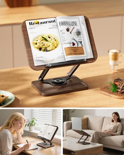 Book Stand for Reading, Book Holder 360° Rotating Base with Pen Slot, Foldable Reading Display Stand with Elastic Page Clips for Cookbook, Recipe, Textbook, Tablet, Laptop - view 4