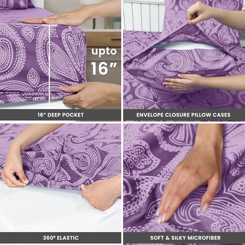 Paisley Queen Sheet Set, 4 PC Soft Microfiber Wrinkle Free Sheets - Luxurious Printed Bed Sheets Includes Flat Sheet, Fitted Sheet with Deep Pockets, & 2 Pillowcases - Purple - view 4