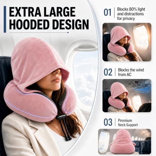 Travel Neck pillow for Airplane, with Large Hood Eye Mask Earplug and Bag - view 2