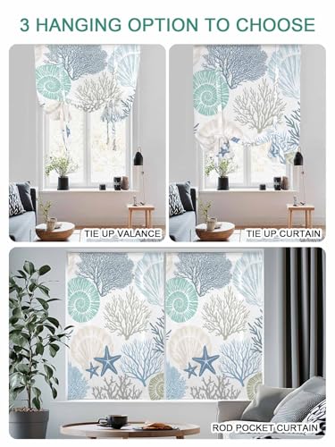 Tie Up Curtain for Windows, Blue Ocean Shells Coral Balloon Rod Pocket Curtains Adjustable Tie-up Shade Valance for Kitchen, Conch Starfish Marine Life Window Treatment 1 Panel 36x45in - view 3