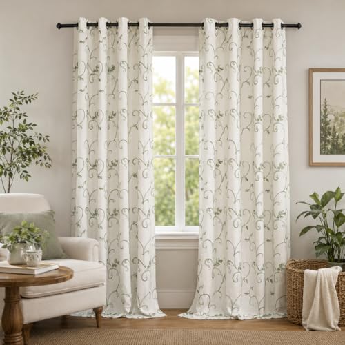 Faux Linen Branch Embroidered Grommet Curtains, 2 Panels, 52 x 84 - view 3