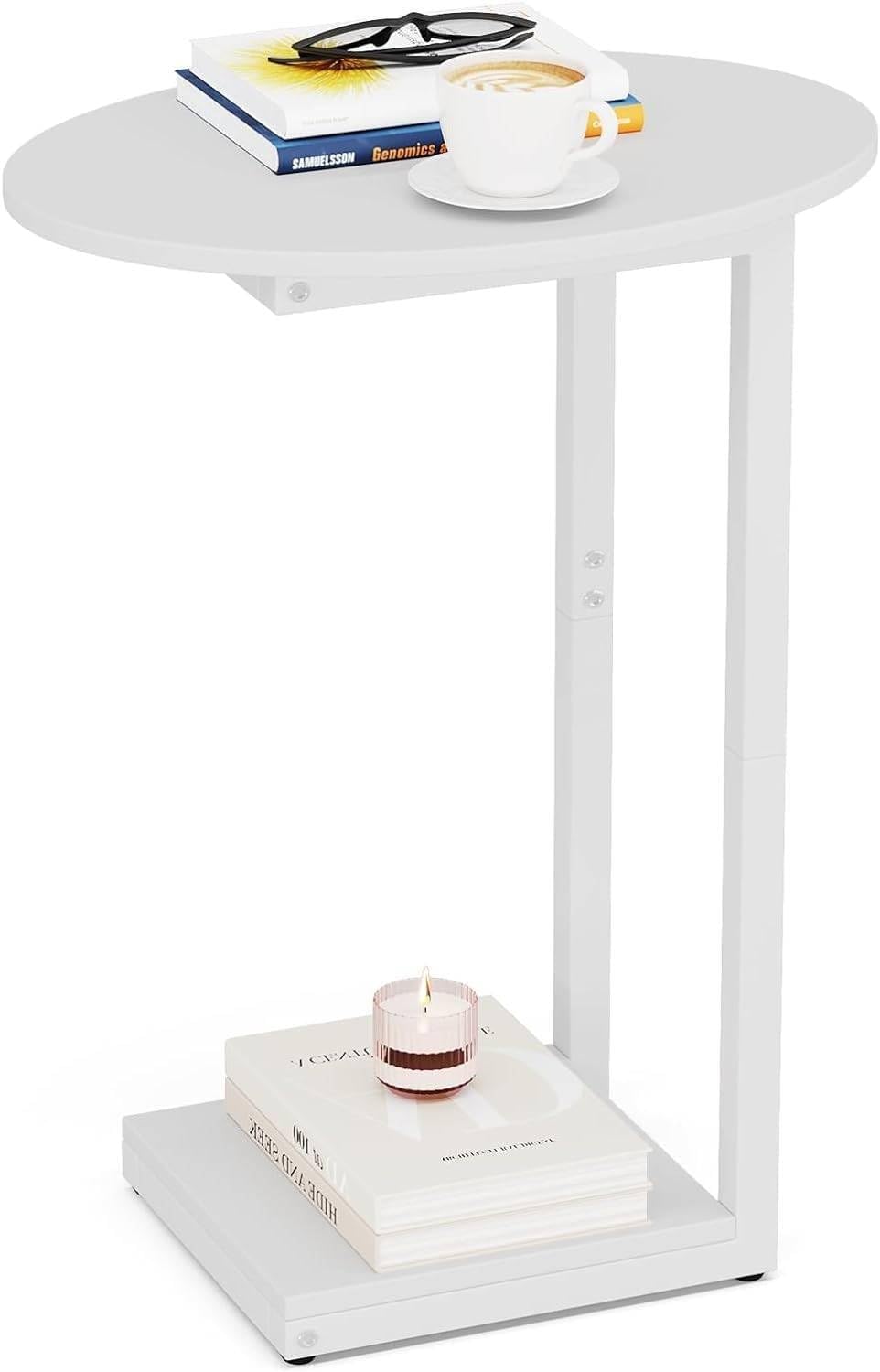 Small Side Table End Table, C Shaped Oval Coffee Table, Wooden TV Tray for Living Room, Bedroom, Couch, Small Spaces (White)