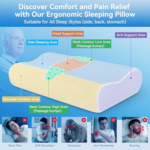 Cervical Neck Pillow for Pain Relief- Adjustable Queen Size Cooling Pillow for Sleeping, Memory Foam Pillows for Neck Shoulder, Ergonomic Contour Bed Pillow for Side, Stomach & Back Sleepers - view 2