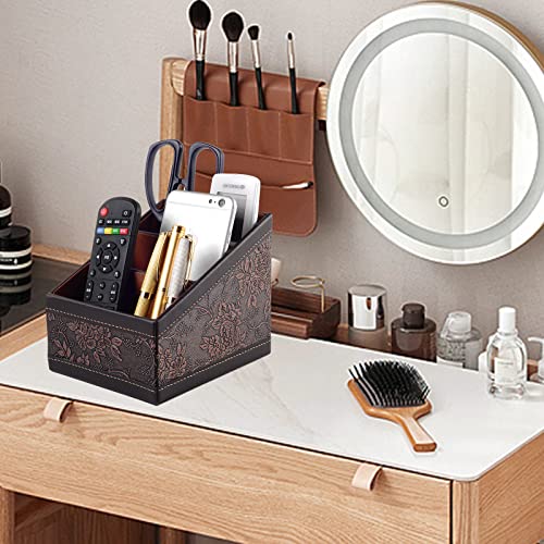 PU Leather TV Remote Control Holder with 3 Compartments,Nightstand Caddy Organizer,Storage Rack,Storage Box,Media Accessory Storage,Desk Organizers (Brown (Retro)) - view 7