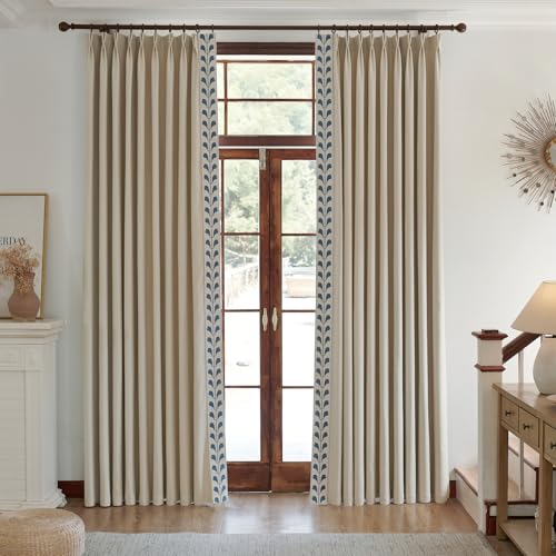 Cotton Linen Solid Colour Curtains, Beige Pinch Pleat Curtains with Embroidered Trim for Living Room, Sliding Patio Doors Bedroom (50Wx96L (Set of 2)) - view 3