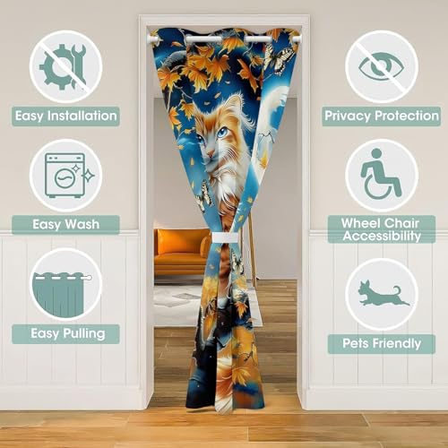 Cute Cat Door Curtain Autumn Maple Leaves Tree Doorway Curtain Wild Butterfly Darkening Blackout Curtain Blue Night Moon Drape for Bedroom Privacy 1 Panel 34" W X 80" L - view 3