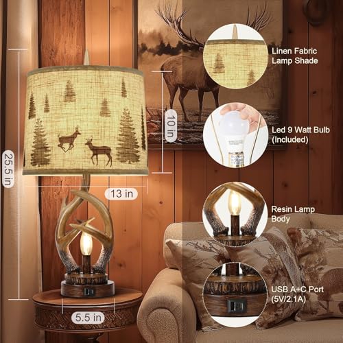 Rustic Farmhouse Antlers Table Lamp Set of 2 with Night Light - view 2